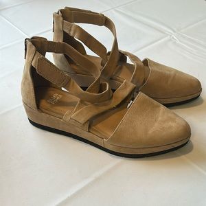 Eileen Fisher tan leather sandals. Closed toe, worn lightly, ultra comfortable.